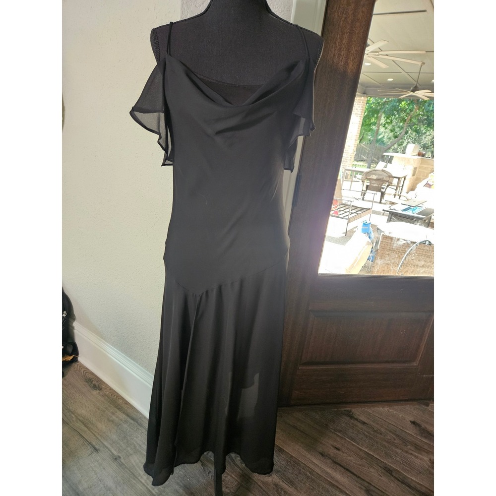 Alyn Paige Black Cowl Neck Asymmetrical Ruffle Midi Dress Size 7/8 Made in USA‎